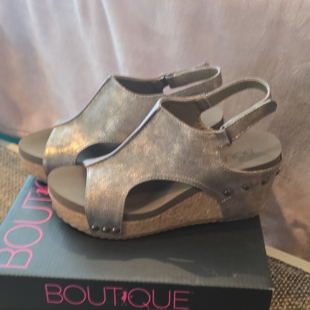 Corkys Metallic Pewter Wedge Sandals - Picture 7 of 9